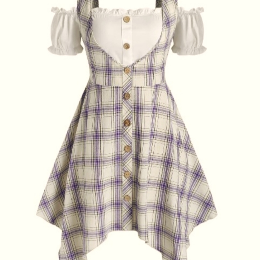 Plus Size Off The Shoulder Crop Top and Plaid Handkerchief Dress Set